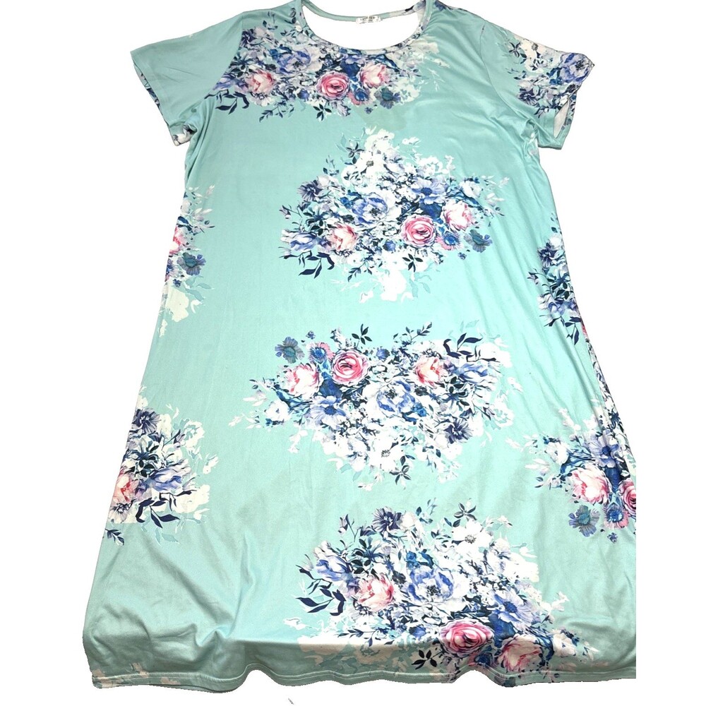 EKOUAER Nightgown Ankle Length Teal Floral Short Sleeve Pullover 3XL